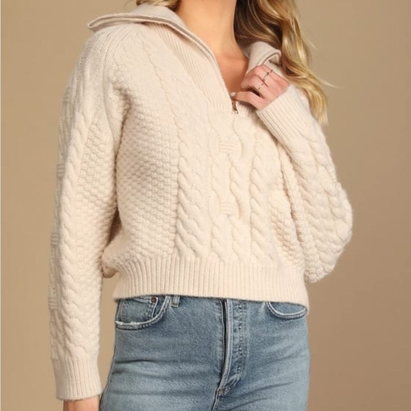 Lulus Cozy Weather Cream Cable Knit Quarter Zip Sweater S - Picture 1 of 4